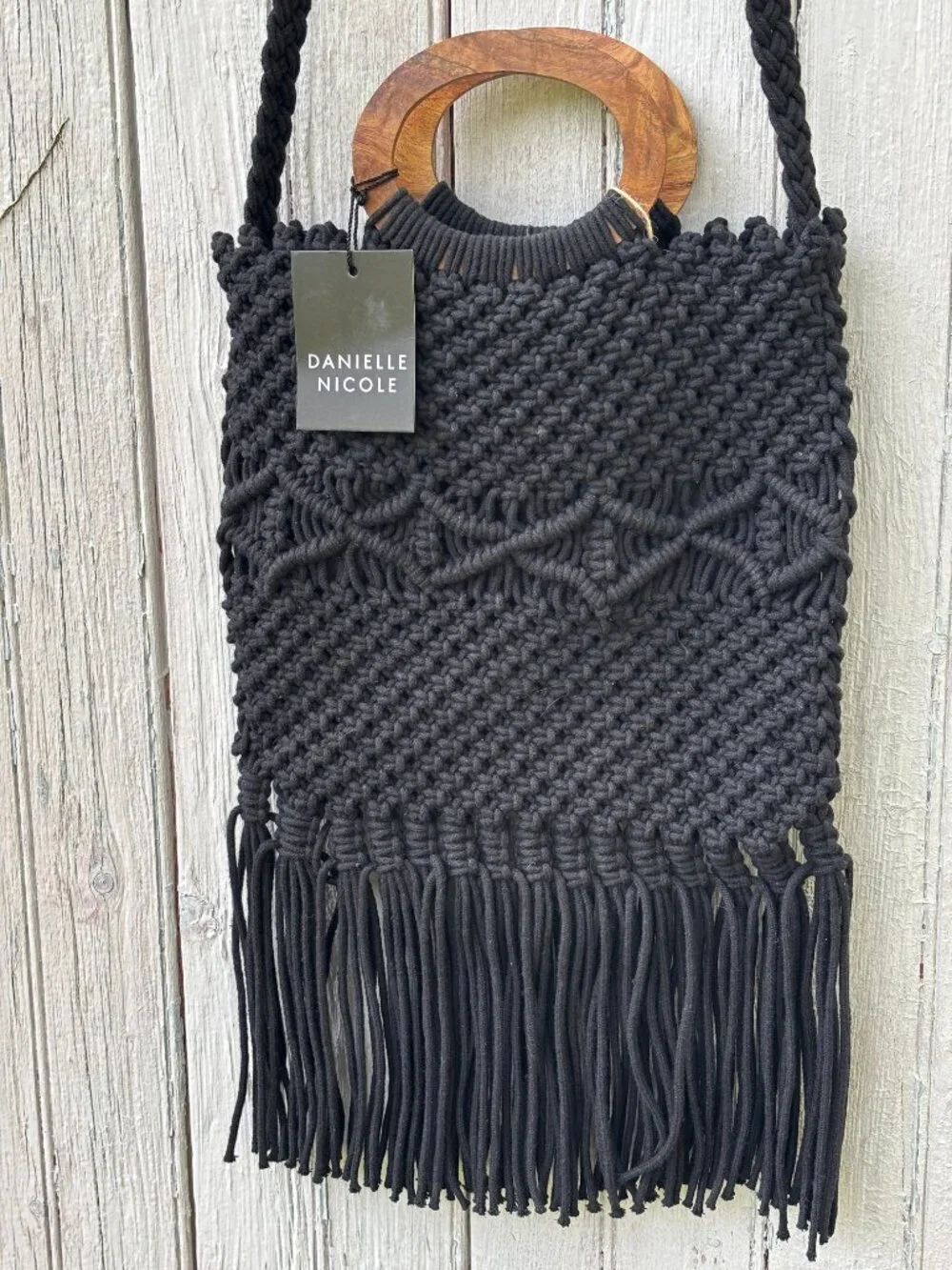 Danielle Nicole Black Macramé Fringe Tote Bag | NWT